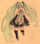  closed_eyes detached_sleeves frills green_hair hatsune_miku karezel long_hair necktie skirt solo thighhighs twintails very_long_hair vocaloid 