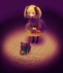  alice_(odin_sphere) animal basket blonde_hair cat dress glowing hair_ribbon odin_sphere purple_eyes ribbon socrates_(odin_sphere) twintails yarn yarn_ball yugume 