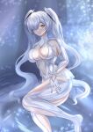  1girl absurdres bodysuit cinderella_(nikke) goddess_of_victory:_nikke highres kiki_561 latex latex_bodysuit red_eyes see-through_clothes skin_tight skirt solo twintails white_bodysuit white_hair 