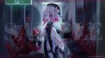  beret blood bug butterfly flower flower_ornament hallway hat holding_hands knife magical_girl mahou_shoujo_no_majo_saiban multicolored_hair multiple_girls official_art red_butterfly red_eyes sakuraba_ema short_hair smile watermark 