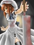  bad_id bad_pixiv_id beret blood bow dress hat hatchet higurashi_no_naku_koro_ni nose_hatchet orange_hair ryuuguu_rena short_hair solo tadokoro_teppei thighhighs yellow_eyes 