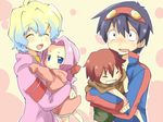  2girls bad_id bad_pixiv_id blush carrying child closed_eyes darry_adai gimmy goggles goggles_on_head jacket maruki_(punchiki) multicolored_hair multiple_boys multiple_girls nia_teppelin short_hair simon smile tengen_toppa_gurren_lagann 