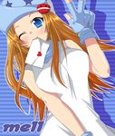  blue_eyes breast_squeeze breasts clip fingerless_gloves futaba_841 gloves hat large_breasts letter mel_(pop'n_music) mouth_hold one_eye_closed orange_hair pop'n_music solo v 
