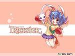  animal_ears backpack bag blue_hair boxing_gloves bunny_(trickster) bunny_ears bunny_tail cat gloves headband open_mouth red_eyes shirahane_nao skirt socks solo tail trickster 