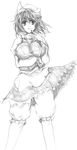  apron bloomers breasts frills graphite_(medium) greyscale large_breasts letty_whiterock looking_at_viewer monochrome puffy_short_sleeves puffy_sleeves short_hair short_sleeves simple_background solo standing touhou traditional_media underwear waist_apron white_background zaki_(artist) 