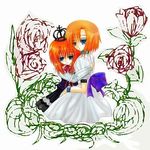  artist_request blue_eyes company_connection creator_connection crossover crown dress flower higurashi_no_naku_koro_ni hug lowres multiple_girls orange_hair ribbon rose ryuuguu_rena short_hair umineko_no_naku_koro_ni ushiromiya_maria 