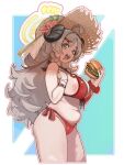  1girl absurdres ahoge areola_slip belly bikini blue_archive blush border breasts brown_eyes burger commentary_request cowboy_shot food grey_hair halo highres holding holding_burger holding_food izumi_(blue_archive) izumi_(swimsuit)_(blue_archive) korean_commentary large_breasts long_hair looking_at_viewer navel official_alternate_costume open_mouth outside_border plump red_bikini rehu_(astd5787) smile solo stomach swimsuit thighs white_border 