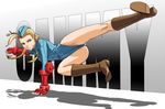  blonde_hair blue_leotard boots braid cammy_white garrison_cap hat kicking leotard long_hair solo street_fighter twin_braids usatarou 