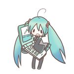  ahoge aqua_hair cellphone chibi detached_sleeves hatsune_miku long_hair lowres minigirl phone sakuramori_sumomo solo thighhighs twintails vocaloid 