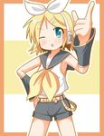  ;o bad_perspective bangs belt belt_buckle blonde_hair blue_eyes border buckle comic detached_sleeves hair_ornament hair_ribbon hairclip hand_on_hip headphones index_finger_raised kagamine_rin legs_apart looking_at_viewer minami_(colorful_palette) neckerchief one_eye_closed open_mouth orange_border outline ribbon school_uniform serafuku shirt short_hair short_sleeves sleeveless sleeveless_shirt solo standing swept_bangs tareme treble_clef vocaloid white_outline yellow_neckwear 