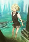  barefoot blonde_hair flat_chest green_eyes highres houru original pleated_skirt school_uniform short_hair skirt solo sweater_vest wading water 