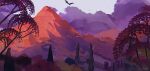  day house landscape mountainous_horizon no_humans original outdoors painterly purple_clouds purple_theme savannah scenery simple_bird spire tree zandra 