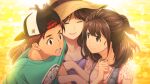  2girls bare_legs baseball_cap blue_vest blurry bokeh breasts brown_eyes brown_hair closed_mouth collarbone denim_vest depth_of_field dress fukuda_tomonori game_cg green_shirt group_hug hair_between_eyes hat high_heels high_ponytail highres hug jewelry long_hair looking_at_another multiple_girls necklace nervous_sweating ocean official_alternate_costume official_art open_mouth orange_theme pink_shirt ponytail ponytail_with_braided_base red_eyes red_hair robotics;notes robotics;notes_dash science_adventure senomiya_akiho senomiya_misaki shiny_eyes shirt short_sleeves shorts siblings sisters sleeveless sleeveless_dress small_breasts smile striped_clothes striped_shorts sunset surprised sweat t-shirt tongue upper_body vertical-striped_clothes vertical-striped_shorts vest white_dress yashio_kaito 
