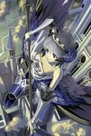  armor armored_dress bad_id bad_pixiv_id castle dress flying from_above gwendolyn nakabayashi_reimei odin_sphere polearm purple_eyes short_hair silver_hair spear strapless strapless_dress tiara weapon wings 