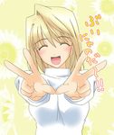  arcueid_brunestud blonde_hair closed_eyes double_v happy non-web_source open_mouth smile solo sweater translated tsukihime v 