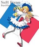  anne_(pop'n_music) bad_id bad_pixiv_id blonde_hair bloomers blue_eyes dress drill_hair epee flag flag_print france french_flag futaba_841 hat mary_janes one_eye_closed pantyhose pop'n_music print_dress rapier shoes skirt solo sword twintails underwear weapon white_legwear 