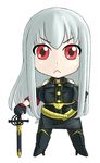  angry bare_shoulders boots breasts chibi detached_sleeves gloves high_heels large_breasts long_hair pantyhose red_eyes selvaria_bles senjou_no_valkyria senjou_no_valkyria_1 shoes silver_hair solo sword weapon 