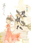  alice_margatroid ascot bad_id bad_pixiv_id bare_shoulders black_eyes black_hat black_skirt blonde_hair bow braid broom broom_riding brown_hair capelet detached_sleeves flying frilled_bow frills fujita_yuuya full_body hair_bow hair_tubes hakurei_reimu hat hat_bow hat_over_one_eye kirisame_marisa long_hair long_sleeves multiple_girls path plant red_bow red_ribbon red_skirt ribbon ribbon-trimmed_sleeves ribbon_trim road shirt short_hair side_braid skirt sleeveless sleeveless_shirt touhou traditional_media watercolor_(medium) white_background white_bow white_capelet white_shirt white_sleeves wide_sleeves witch_hat yellow_eyes yellow_neckwear 