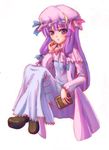  bangs blunt_bangs blush book full_body hat holding holding_book juuka@100neko knees_up loafers looking_at_viewer mob_cap patchouli_knowledge purple_eyes shoes sidelocks simple_background solo touhou white_background 