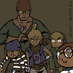  4boys androgynous bandana blonde_hair broken_eyewear brown_background buck_teeth copyright_name cracking_knuckles dagger glasses gonzo_(wind_waker) hand_on_hip kuruuya link mako_(wind_waker) multiple_boys neckerchief niko_(wind_waker) pirate pointy_ears simple_background smirk tetra the_legend_of_zelda the_legend_of_zelda:_the_wind_waker tomboy v-neck weapon you_gonna_get_raped 