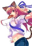  animal_ears bow brown_eyes cat_(trickster) cat_ears cat_tail hair_bow impossible_clothes impossible_shirt lowres midriff pink_hair shirt solo tail trickster 