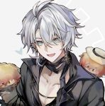  1boy :d antenna_hair black_choker black_gloves black_shirt blue_eyes character_doll chinese_commentary choker collared_shirt commentary_request doll earclip gloves highres holding holding_doll honkai:_star_rail honkai_(series) male_focus mydei_(honkai:_star_rail) official_alternate_costume parted_bangs pectoral_cleavage pectorals phainon_(fashion)_(honkai:_star_rail) phainon_(honkai:_star_rail) shirt short_hair simple_background smile solo suer2230 white_background white_hair 