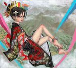  bad_id bad_pixiv_id barefoot black_hair chain child copyright_request cuffs feet floating hair_ornament japanese_clothes kimono legs lips mole mole_under_eye obi pon sash solo 