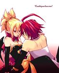  1girl adell_(disgaea) blonde_hair blush bow disgaea dress lowres makai_senki_disgaea_2 pointy_ears red_hair rozalin strapless strapless_dress tsuyuka_(sunny_spot) wings yellow_bow 