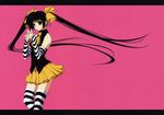  absurdres arm_warmers black_hair brown_eyes copyright_request hair_ribbon highres letterboxed long_hair pink_background ribbon solo striped striped_legwear suzuhira_hiro thighhighs twintails very_long_hair zettai_ryouiki 
