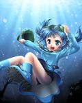  :d air_bubble blue_eyes blue_hair boots bubble hand_on_headwear hat kawashiro_nitori kei_kei key light_rays open_mouth shoe_soles short_hair smile solo sunbeam sunlight swimsuit swimsuit_under_clothes touhou twintails two_side_up underwater wet wet_clothes 