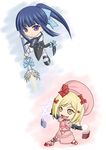  artist_request beret blonde_hair blue_hair book chibi fang frederica_bernkastel hat lambdadelta lance long_hair magic multiple_girls pentagram pink_hat polearm ponytail purple_eyes ribbon short_hair umineko_no_naku_koro_ni weapon yellow_eyes 