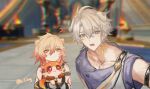  2boys ? absurdres an-llong animal_ears antenna_hair arm_tattoo armband armlet artist_name blonde_hair blue_eyes chimera_(honkai:_star_rail) chinese_commentary collarbone commentary_request creature facial_tattoo gradient_hair grey_shirt hadanugi_dousa hair_between_eyes highres holding holding_creature honkai:_star_rail honkai_(series) jewelry lion_boy lion_ears male_focus medium_hair multicolored_hair multiple_boys mydei_(a_trail_of_bygone_blood)_(honkai:_star_rail) mydei_(honkai:_star_rail) neck_tattoo official_alternate_costume parted_bangs phainon_(a_dream_scented_in_wheat)_(honkai:_star_rail) phainon_(honkai:_star_rail) red_hair red_tattoo shirt short_hair sun_symbol sun_tattoo tattoo white_hair yellow_eyes 