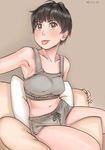  :p armpits ayumu_(zenkou) black_hair breasts brown_background brown_eyes couch covered_nipples dated looking_at_viewer medium_breasts original shiny shiny_skin short_hair shorts simple_background sitting solo sports_bra tongue tongue_out zenkou 