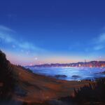  bird bush dutch_angle gradient_sky landscape mountainous_horizon no_humans original outdoors painterly radio_tower scenery seagull sky sparkle sunrise zandra 