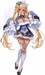  1girl black_dress black_shoes blonde_hair blue_hat breasts brown_eyes cleavage cosplay dress fang frilled_dress frills hair_ribbon hat highres hololive large_breasts long_hair multicolored_hair open_mouth pointy_ears pom_pom_(clothes) ribbon rum_raisin_(chihiromakita19) shadow shiranui_flare shoes skin_fang skindentation sleeves_past_fingers sleeves_past_wrists streaked_hair tassel thighhighs usada_pekora usada_pekora_(10th_costume) usada_pekora_(cosplay) white_background white_hair white_ribbon white_thighhighs 