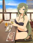  1girl armpit_crease barefoot beach beach_house bikini black_bikini blue_eyes blue_sky blush bottle breasts chopsticks cleavage cloud collarbone cup day food fuga_(senran_kagura) glass green_hair groin halterneck holding holding_bottle horizon iced_tea indoors instrument large_breasts lens_flare long_hair looking_at_viewer mole mole_under_eye mountain mountainous_horizon navel non-web_source noodles o-ring o-ring_bikini o-ring_bikini_bottom o-ring_top ocean official_art oyster parted_lips pillow plate railing sand seafood seiza senran_kagura senran_kagura_new_wave shamisen shiny_skin sitting sky smile solo soy_sauce sparkle steaming_food swept_bangs swimsuit table udon very_long_hair water yaegashi_nan 