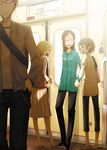  3girls ayakura_juu bag casual copyright_request glasses laughing light long_hair multiple_girls short_hair skirt train_interior 