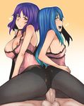  2girls :d ass-to-ass bakuya blue_hair breasts buttjob camisole censored double_buttjob double_grinding eighth_note flat_chest girl_on_top gradient gradient_background grinding group_sex happy_sex heart hetero highres hinanawi_tenshi large_breasts lingerie long_hair looking_at_viewer mosaic_censoring multiple_girls musical_note nagae_iku nipples no_hat no_headwear open_mouth orange_eyes pantyhose penis purple_hair pussy short_hair smile testicles thick_thighs thighs threesome touhou underwear yellow_eyes 