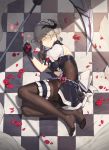  aliceblue back_bow bangs black_dress black_gloves blush bodystocking bow breasts checkered checkered_floor chinese_commentary closed_mouth commentary_request cracked_floor day dress eyebrows_visible_through_hair eyes_visible_through_hair feet flower frilled_skirt frills full_body gloves grey_hair highres honkai_impact horns impossible_clothes korean_commentary leg_garter maid maid_headdress medium_breasts mixed-language_commentary no_shoes on_floor pantyhose petals pink_eyes puffy_short_sleeves puffy_sleeves red_flower red_rose revision rita_rossweisse rose rose_petals scythe short_hair short_sleeves side_cutout side_slit signature skirt smile solo sunlight victorian_maid white_bow 