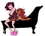  bathtub breasts brown_hair camiart1 canine clawdeen_wolf clothing draculaura duo female hair makeup mammal monster_high nipples plain_background vampire were werewolf white_background 