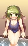  animal_ears blush breasts cleavage danbo_(rock_clime) green_eyes green_hair highres kasodani_kyouko large_breasts looking_at_viewer one-piece_swimsuit short_hair sitting smile soaking_feet solo swimsuit touhou water 