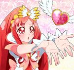  absurdres bow cure_ace dokidoki!_precure eyelashes hair_bow heart highres long_hair madoka_aguri magical_girl outstretched_hand pink_background precure red_eyes red_hair solo wings yupiteru 