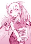  blush book book_stack breasts demon_wings dress_shirt head_wings holding holding_book kazetto koakuma long_hair long_sleeves medium_breasts monochrome multiple_wings necktie open_mouth pen pointy_ears shirt sketch solo touhou vest wings 