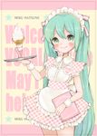  apron bad_id bad_pixiv_id blush character_name copyright_name dress green_eyes green_hair hatsune_miku headdress headset ice_cream_cone long_hair mnmktn name_tag smile solo tray twintails very_long_hair vocaloid waitress wrist_cuffs 
