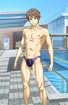  abs brown_hair day free! green_eyes lane_line male_focus male_swimwear outdoors pool pool_ladder poolside school shadow solo swim_briefs swimwear tachibana_makoto yawakon 