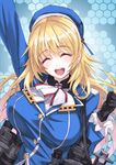  :d ^_^ arm_up atago_(kantai_collection) bad_id bad_pixiv_id black_gloves blonde_hair blue_hat blush breasts closed_eyes gloves hat kantai_collection large_breasts long_hair matsuryuu military military_uniform open_mouth smile solo uniform 