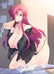  1girl bed blue_eyes book bottomless breasts eating female food haganef hair_over_one_eye highres huge_breasts long_hair no_bra no_panties no_underwear open_clothes open_shirt original pizza red_hair shirt solo sweat 