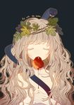  animal black_background blood closed_eyes dhiea english fig food fruit head_wreath leaf_wreath long_hair mouth_hold original outline red_eyes simple_background snake tongue tongue_out very_long_hair wavy_hair 