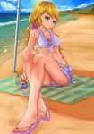  bad_id bad_pixiv_id bare_legs beach bikini blonde_hair blue_eyes bow breasts cleavage day fangxiang_cuoluan feet flip-flops hair_bow highres jewelry long_hair looking_at_viewer lotion medium_breasts necklace ocean original outdoors ponytail sandals sitting smile solo sunscreen swimsuit towel water 