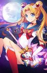  back_bow bishoujo_senshi_sailor_moon blonde_hair blue_eyes blue_sailor_collar boots bow cat choker crescent crescent_earrings crescent_moon double_bun earrings elbow_gloves facial_mark forehead_mark full_moon gloves hair_ornament highres holding holding_wand jewelry knee_boots legs long_hair long_legs luna_(sailor_moon) magical_girl moon night red_bow sailor_collar sailor_moon sailor_senshi_uniform skirt sky smile solo squchan thighs tiara tsukino_usagi twintails wand white_gloves 